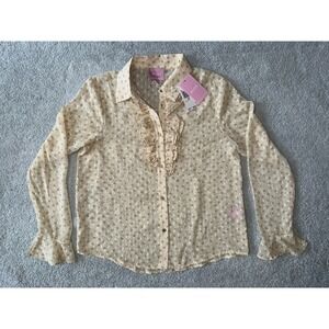 NWT Muse Republic Clothing Beige Polka Dot Ruffle Blouse‎ Womens Size Small